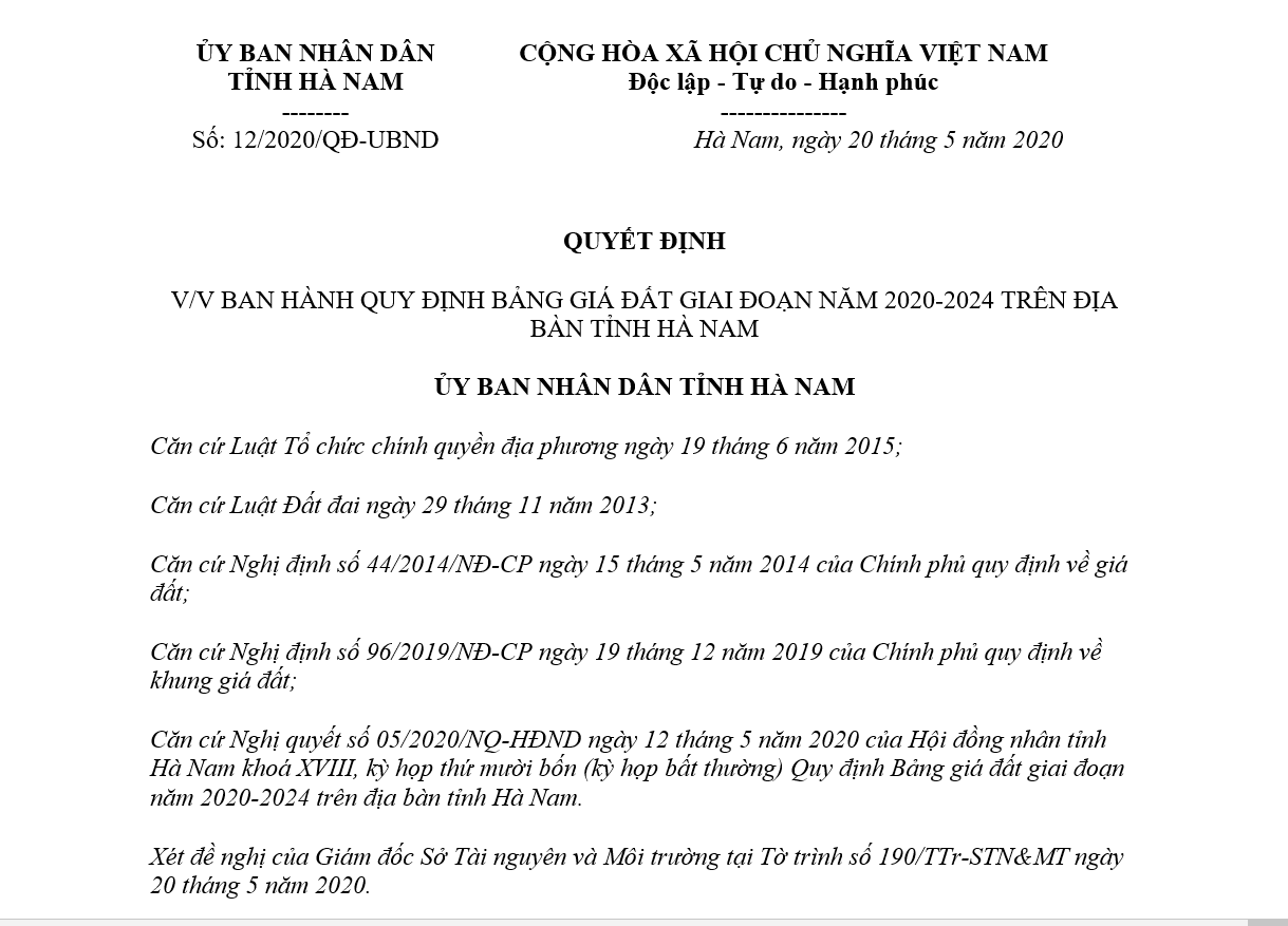 bảng giá đất của tỉnh Hà Nam