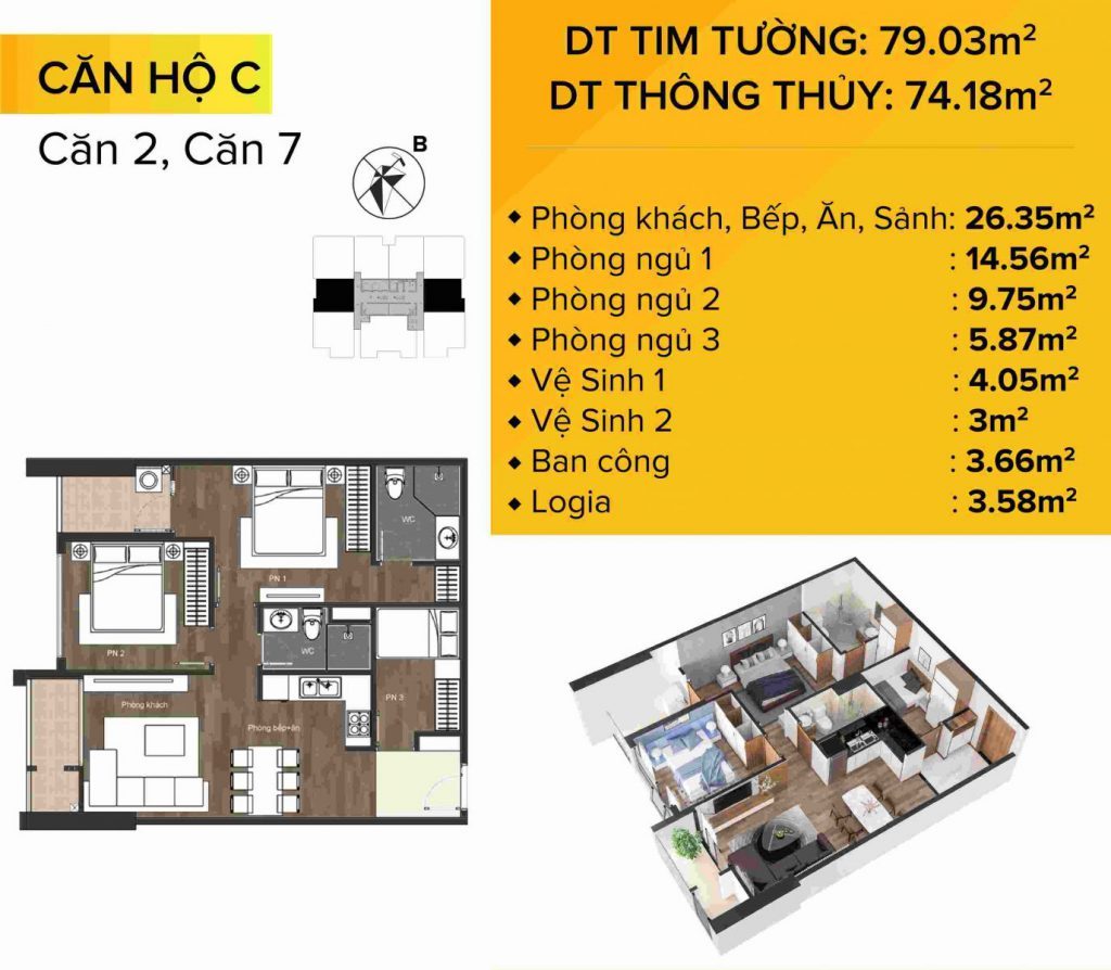 Dự án chung cư The Sun Mễ Trì mẫu căn hộ 2 và 7