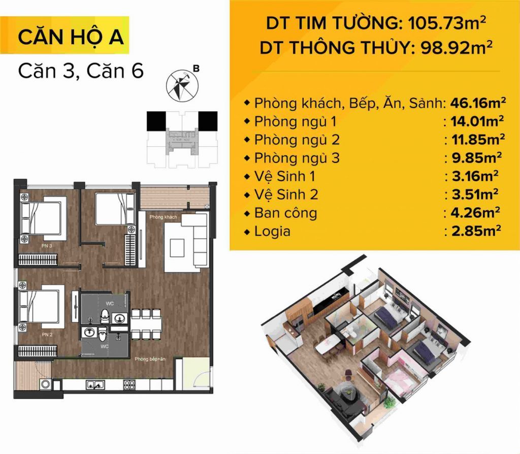 Dự án chung cư The Sun Mễ Trì mẫu căn hộ 3 và 6