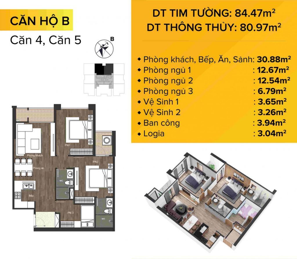 Dự án chung cư The Sun Mễ Trì mẫu căn hộ 4 và 5