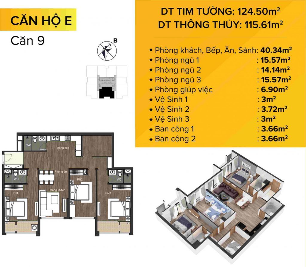 Dự án chung cư The Sun Mễ Trì mẫu căn hộ 9