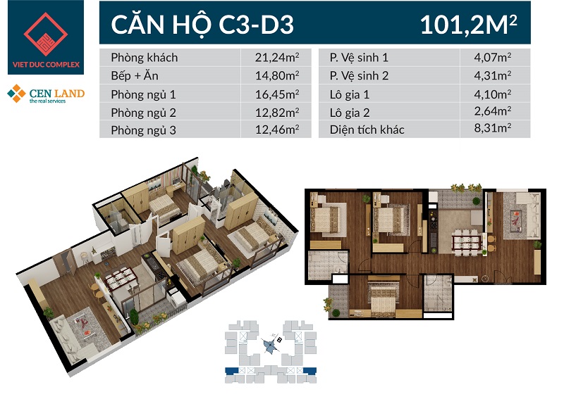 Thiết kế căn hộ C3 D3 chung cư Việt Đức Complex, diện tích 101m2, 3 phòng ngủ