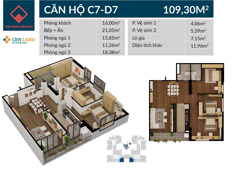 Thiết kế căn hộ C7 D7 chung cư Việt Đức Complex, diện tích 109m2, 3 phòng ngủ