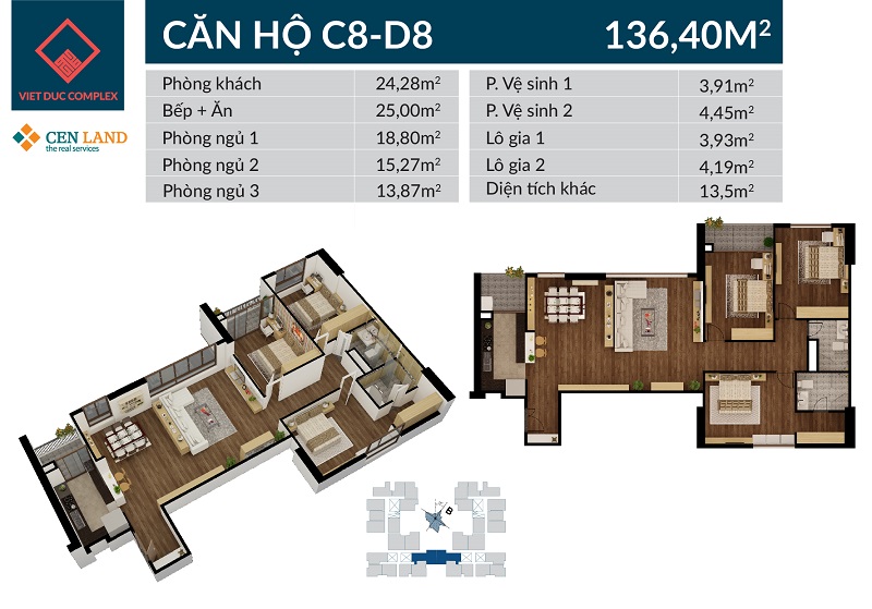 Thiết kế căn hộ C8 D8 chung cư Việt Đức Complex, diện tích 136m2, 3 phòng ngủ