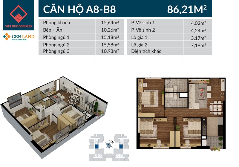 Thiết kế căn hộ A8 B8 chung cư Việt Đức Complex, diện tích 86m2, 3 phòng ngủ