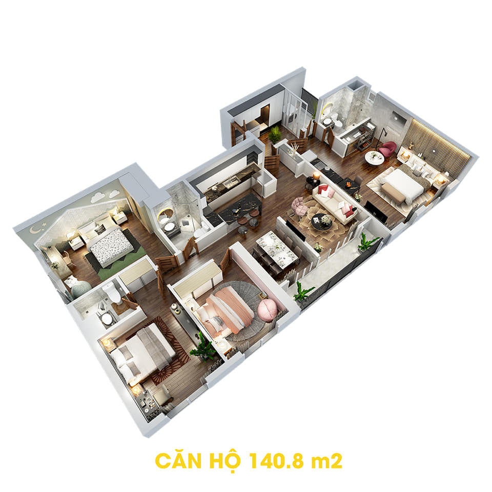 Phối cảnh 3D bóc mái căn hộ Dual Key 140,8m2 Dự án the Tera An Hưng