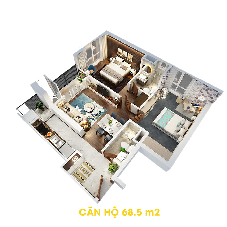 Phối cảnh 3D bóc mái căn hộ 68,5m2 Dự án the Tera An Hưng