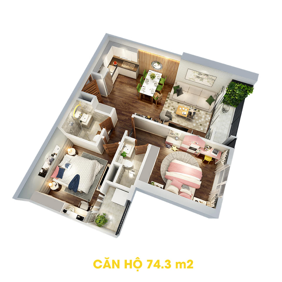 Phối cảnh 3D bóc mái căn hộ 74,3m2 Dự án the Tera An Hưng