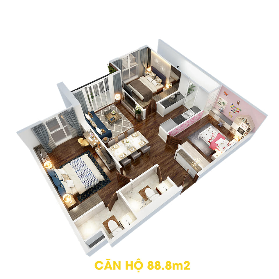 Phối cảnh 3D bóc mái căn hộ 88,8m2 Dự án the Tera An Hưng