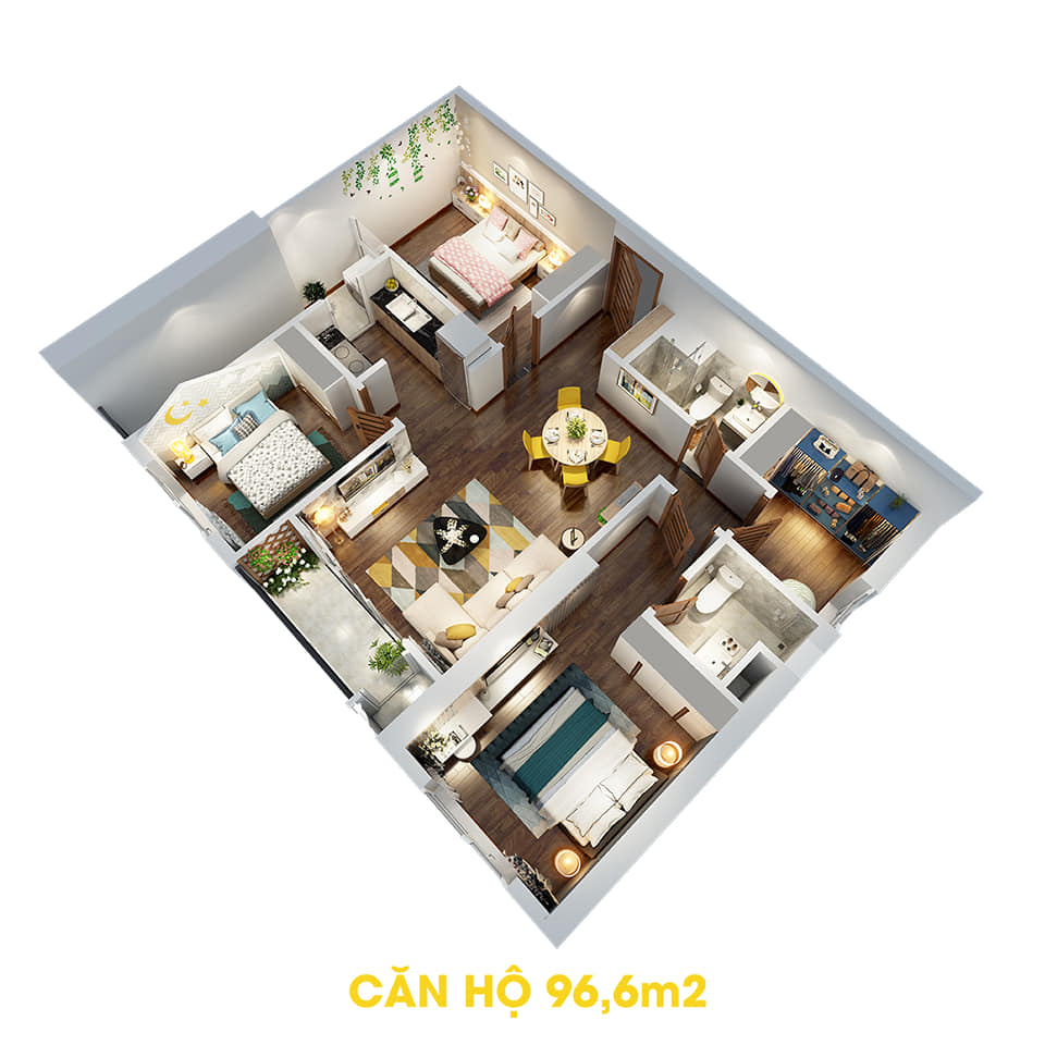Phối cảnh 3D bóc mái căn hộ 96,6m2 Dự án the Tera An Hưng